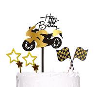 MiaLover Pack of 6 Birthday Cake Toppers, Motorcycle & Car Cake Toppers, Acrylic, Glitter Star Banner, Cake Decoration for Men & Boys' Birthday Parties