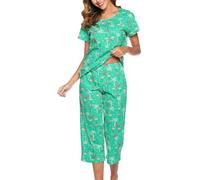 Mialucce Women's Pyjama Sets 2 Piece Comfy Soft Cotton Womens Pyjamas Printed Short Sleeve and 3/4 Length Pants Pjs for Women Sets Ladies Pyjamas Sleepwear & Loungewear(Green Flamingo,XL)