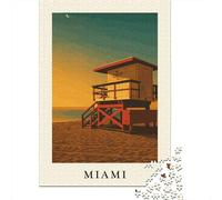 Miami Beach Lifeguard Tower Art Print Jigsaw Puzzle 1000 Pieces, Metropolitan Building Scene, Thick Cardboard Pieces for Home Décor Fans, Travel Gift, Weekend Hobby, 52x38cm/1000pcs