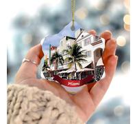 Miami City Landscape Christmas Ornaments Contemporary State Famous' Architecture Round Porcelain Pendant Ceramic Double Sided Rustic Souvenir for Xmas Tree Decoration
