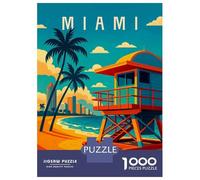 Miami Travel Poster - Beach, Palm Trees & Ocean Breeze Jigsaw Puzzle 1000 Pieces, Historic Square Architecture, Thick Cardboard Pieces, Birthday Gift for Home Décor Fans, Paper Board, 38x26cm/1000pcs