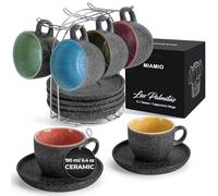 MIAMIO - 190 ml Ceramic Stackable Cappuccino Cup with Saucers and Metal Stand - Set of 6 Stoneware Cappuccino Mug Set for Specialty Coffee Drinks, Americano, Latte - Las Palmitas Collection