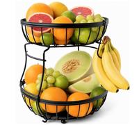 MIAMIO - 2-Tier Metal Fruit Bowl/Fruit Basket for Kitchen Counter (Black) | 2-Tier Metal Fruit Stand / Fruit Basket with Banana Holder for Fruit, Vegetables and Snacks, Metal Fruit Holder for Kitchen