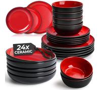 MIAMIO - 24-Piece, Service for 6 Dishware Set/Stoneware Dinnerware Set - Including Plates, Soup Plates and Bowls - Le Papillon Collection (Red)