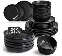 MIAMIO - 24-Piece, Service for 6 Dishware Set/Stoneware Dinnerware Set - Including Plates, Soup Plates and Bowls - Le Papillon Collection (Black)