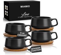 MIAMIO ? 320 ml, Set of 4 Ceramic Tea Cup and Saucer Bamboo/Tea Mug - Wide Cappuccino Cup, Coffee Cups Ceramic Mug for Cappuccino, Latte, Espresso &