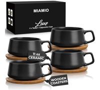 MIAMIO - 320 ml, Set of 4 Ceramic Tea Cup and Saucer Bamboo/Tea Mug - Wide Cappuccino Cup, Coffee Cups Ceramic Mug for Cappuccino, Latte, Espresso & Americano - Luxe Collection (Black)