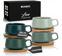 MIAMIO - 320 ml, Set of 4 Ceramic Tea Cup and Saucer Bamboo/Tea Mug - Wide Cappuccino Cup, Coffee Cups Ceramic Mug for Cappuccino, Latte, Espresso & Americano - Luxe Collection (Evergreen)