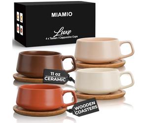 MIAMIO - 320 ml, Set of 4 Ceramic Tea Cup and Saucer Bamboo/Tea Mug - Wide Cappuccino Cup, Coffee Cups Ceramic Mug for Cappuccino, Latte, Espresso & Americano - Luxe Collection (Beige Pastel)