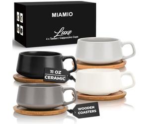 MIAMIO - 320 ml, Set of 4 Ceramic Tea Cup and Saucer Bamboo/Tea Mug - Wide Cappuccino Cup, Coffee Cups Ceramic Mug for Cappuccino, Latte, Espresso & Americano - Luxe Collection (Classic Pastel)