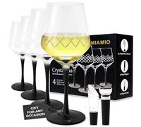 MIAMIO - 380 ml Crystal Wine Glasses, Set of 4 Premium Crystal Glasses with Black Long Stem, Unique Crystaluna Collection