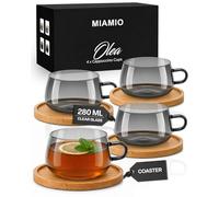 MIAMIO - 4X Glass Coffee/Tea Glasses with Saucer (280 ml), Cappuccino Mugs/Tea Cup/Glass Mug for Coffee, Tea, Matcha, Latte, Coffee Cup with Saucer in a Set of 4 - Olea (Grey)