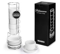 MIAMIO - 6 x 75 ml Espresso Cup Set with Stand Stoneware Ceramic - Small Cups for Espresso - Modern Cup Set in White - Palmanova Collection, Dishwasher Safe