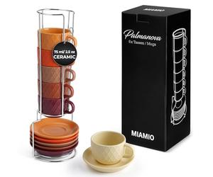 MIAMIO - 6 x 75 ml Espresso Cup Set with Stand Stoneware Ceramic - Small Cups for Espresso - Modern Cup Set in Magma - Palmanova Collection, Dishwasher Safe
