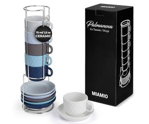 MIAMIO - 6 x 75 ml Stoneware Espresso Mug, Cup Set Modern with Stand and Saucers - Palmanova Collection (Ocean Blue)