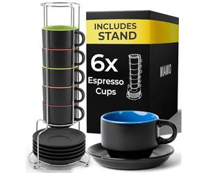 MIAMIO - 75 ml Espresso Cup Set with Saucers Coffee Mug Set of 6 - Ceramic Coffee Mug Stackable Espresso Mug with Stand for Coffee Drinks, Latte, Cafe Mocha - Le Papillon Collection (Mixed)