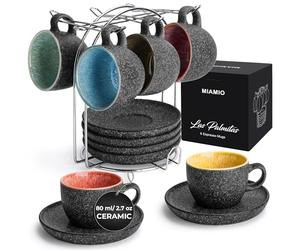 MIAMIO - 80 ml Ceramic Stackable Espresso Cups with Saucers and Metal Stand, Set of 6 Espresso Cup, Demitasse Cups, Coffee Mugs for Espresso, Latte, Café Mocha & Tea - Las Palmitas Collection