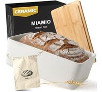 MIAMIO - Bread Box for Kitchen Countertop/Ceramic Bread Box with Cutting Board, Bread Container with Bamboo Lid, 32 x 20 x 11.5 cm (White)