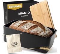 MIAMIO - Bread Box for Kitchen Countertop/Ceramic Bread Box with Cutting Board, Bread Container with Bamboo Lid, 32 x 20 x 11.5 cm (Black)