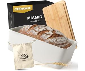 MIAMIO - Bread Box for Kitchen Countertop/Ceramic Bread Box with Cutting Board, Bread Container with Bamboo Lid, 32 x 20 x 11.5 cm (White)