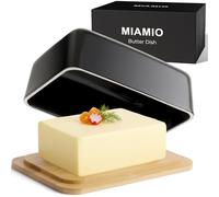 MIAMIO - Ceramic Butter Dish with Wood Lid / Butter Container (Black) | Ceramic Butter Dish with Lid / Butter Holder / Container with Bamboo Lid, Holds 2 Sticks of Butter