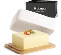 MIAMIO - Ceramic Butter Dish with Wood Lid / Butter Container (White) | Ceramic Butter Dish with Lid / Butter Holder / Container with Bamboo Lid, Holds 2 Sticks of Butter
