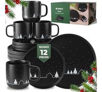 MIAMIO - Christmas Dinnerware Set 12-Piece/Christmas Plates Set with Mugs in Minimalist Holiday Design (Service for 4) / Dishwasher and Microwave Safe - Vinter Collection