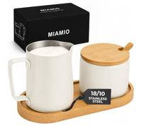 MIAMIO - Cream & Sugar Jar Set Stainless Steel with Bamboo Tray (White) | Milk pitcher (330ml) and sugar bowl (270ml) jar set with bamboo tray and spoon for everyday coffee, tea and breakfast service