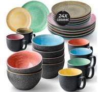 MIAMIO - Dinnerware Set 24-Piece Service for 6, Stoneware Dinner and Side Plates, Mugs and Cereal/Pasta Bowls - Dishwasher, Microwave & Oven Safe Dish Sets - Las Palmitas Collection