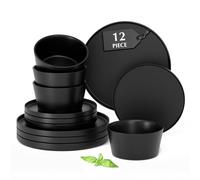 MIAMIO - Dinnerware Sets for 4/12-Piece Modern Stoneware Dish Set/Tableware - Dishwasher and Microwave Safe - Luxe Collection (Black, Dinnerware Set 12x)