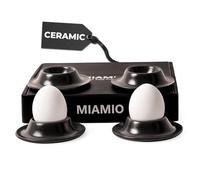 MIAMIO - Egg Cups 4-Piece Ceramic Set, Stoneware Egg Cups with Tray for Eggshells Restaurant Quality - Dishwasher Safe (Black)