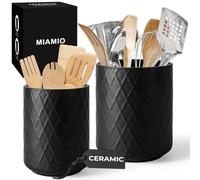 MIAMIO - Kitchen Utensil Holder Ceramic / Kitchen Organizer Set, Farmhouse Decor for Organizing Countertop and Storing Cutlery, Cooking Spoons, and Accessories - Palmanova Collection (Black)