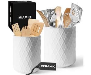 MIAMIO - Kitchen Utensil Holder Ceramic / Kitchen Organizer Set, Farmhouse Decor for Organizing Countertop and Storing Cutlery, Cooking Spoons, and Accessories - Palmanova Collection (White)