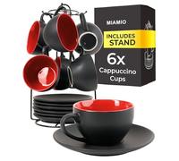 MIAMIO - Set of 6, Ceramic Stackable Cappuccino Cups Set / 175 ml Cappuccino Mugs and Saucer with Metal Stand for Coffee Drinks, Cappuccino, Latte, Americano and Tea - Le Papillon Collection (Red)