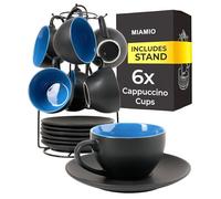 MIAMIO - Set of 6, Ceramic Stackable Cappuccino Cups Set / 175 ml Cappuccino Mugs and Saucer with Metal Stand for Coffee Drinks, Cappuccino, Latte, Americano and Tea - Le Papillon Collection (Blue)