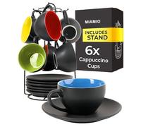 MIAMIO - Set of 6, Ceramic Stackable Cappuccino Cups Set / 175 ml Cappuccino Mugs and Saucer with Metal Stand for Coffee Drinks, Cappuccino, Latte, Americano and Tea - Le Papillon Collection (Mixed)