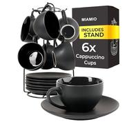 MIAMIO - Set of 6, Ceramic Stackable Cappuccino Cups Set / 175 ml Cappuccino Mugs and Saucer with Metal Stand for Coffee Drinks, Cappuccino, Latte, Americano and Tea - Le Papillon Collection (Black)