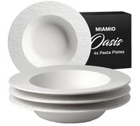 MIAMIO - Soup Plate Set/Pasta Plate, Ceramic (650ml) - Oasis (White) | Ceramic Soup Plate Set, Set of 4 Deep Plates for Soup, Salad, Pasta, and Bowls, Plate Set (26 cm) - Dishwasher Safe