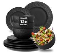 MIAMIO - Stoneware Dinnerware Set of 12, Plates & Bowls - Oasis (Black) | Modern dinnerware set with 4 dinner plates, 4 breakfast plates and 4 bowls in stoneware for 4 people, dishwasher safe