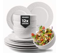 MIAMIO - Stoneware Dinnerware Set of 12, Plates & Bowls - Oasis (White) | Modern dinnerware set with 4 dinner plates, 4 breakfast plates and 4 bowls in stoneware for 4 people, dishwasher safe