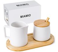 MIAMIO-Sugar and Cream Coffee Serving Set/Ceramic Milk & Sugar Set (White) | Sugar and Cream Set with Bamboo Lid, Spoon & Tray / Ceramic Coffee Bar Accessories, Coffee Serving Milk and Sugar Set