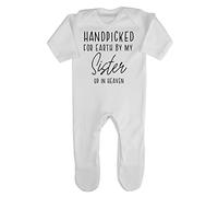 Miammo Handpicked for Earth by my Sister up in heaven, family memorial remembrance quote [BBY7] baby romper jumpsuit with feet, 0-3 months, White