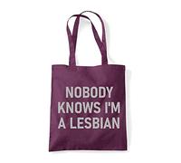 Miammo Nobody knows I'm a lesbian (simple bold text) LGBT pride statement tote shopping bag - Plum