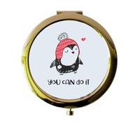 Miammo Penguin Style 1 Whimsical Character - You Can Do It Motivational Statement folding compact pocket mirror - gold round circle shape