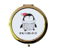 Miammo Penguin Style 2 Whimsical Character - You Can Do It Motivational Statement folding compact pocket mirror - gold round circle shape