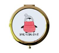 Miammo Penguin Style 3 Whimsical Character - You Can Do It Motivational Statement folding compact pocket mirror - gold round circle shape