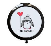 Miammo Penguin Style 4 Whimsical Character - You Can Do It Motivational Statement folding compact pocket mirror - black round circle shape
