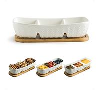 Miamolo 3 Compartment Condiment Tray, Chip and Dip Bowl with Wooden Serving Tray, Perfect for Snacks, Appetizers, Charcuterie, Chips, Candy, 10-inch Chip and Dip Serving Set for Parties