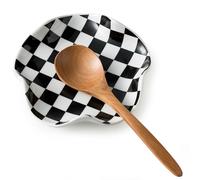 Miamolo Spoon Rest for Stove Top, 5.3in Checkered Spoon Holder Utensil Rest, Ceramic Spoon Rests for Coffee Bar, Kitchen Gadget Cooking Gift for Housewarming