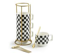 Miamolo Stackable Coffee Mug Set of 4 with Rack 11 oz Tea Cup Set with Little Spoon for Coffee Tea Cocoa Milk, Checkered Black and White Pattern Coffee Mug for Housewarming Gift